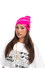 ALLOVER LOGO BEANIE IN PINK/WHITE